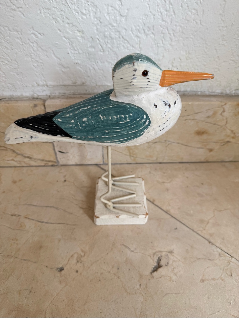 Hand Curved Decorative Wooden Seagull Figurine in Teal and White Home Decor